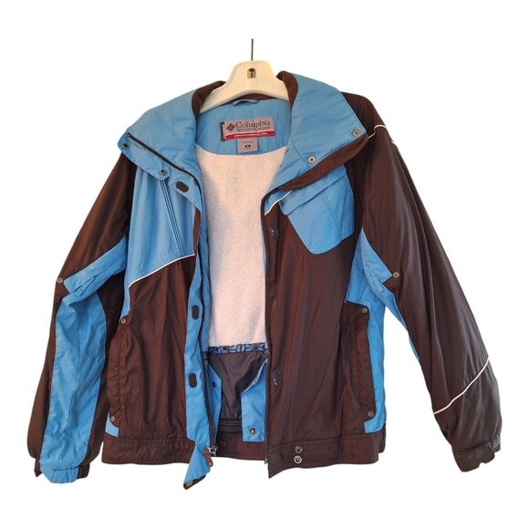 Columbia Women’s Convert Boardwear Snowboard Ski Jacket Brown Blue Snap Hood Med - Picture 5 of 16